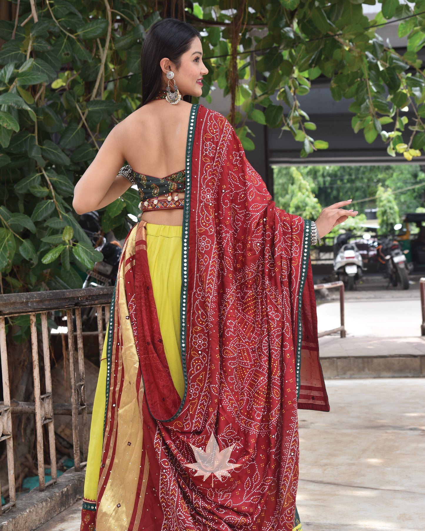 Green Assymetrical Patchwork Chaniya With A Halter Neck Blouse And Red Dupatta Set