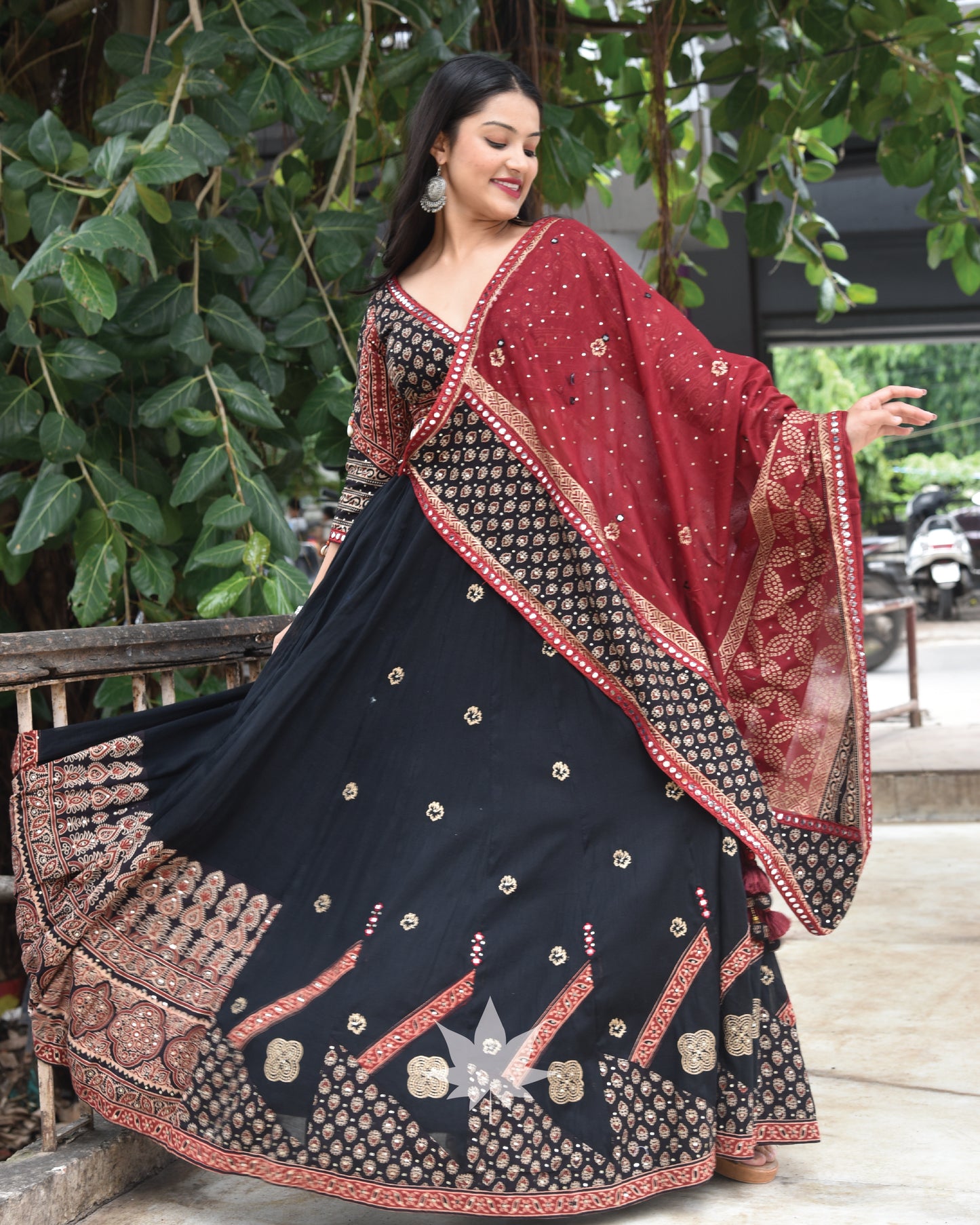 Black And Maroon Hand Block Printed Chaniya Choli Set