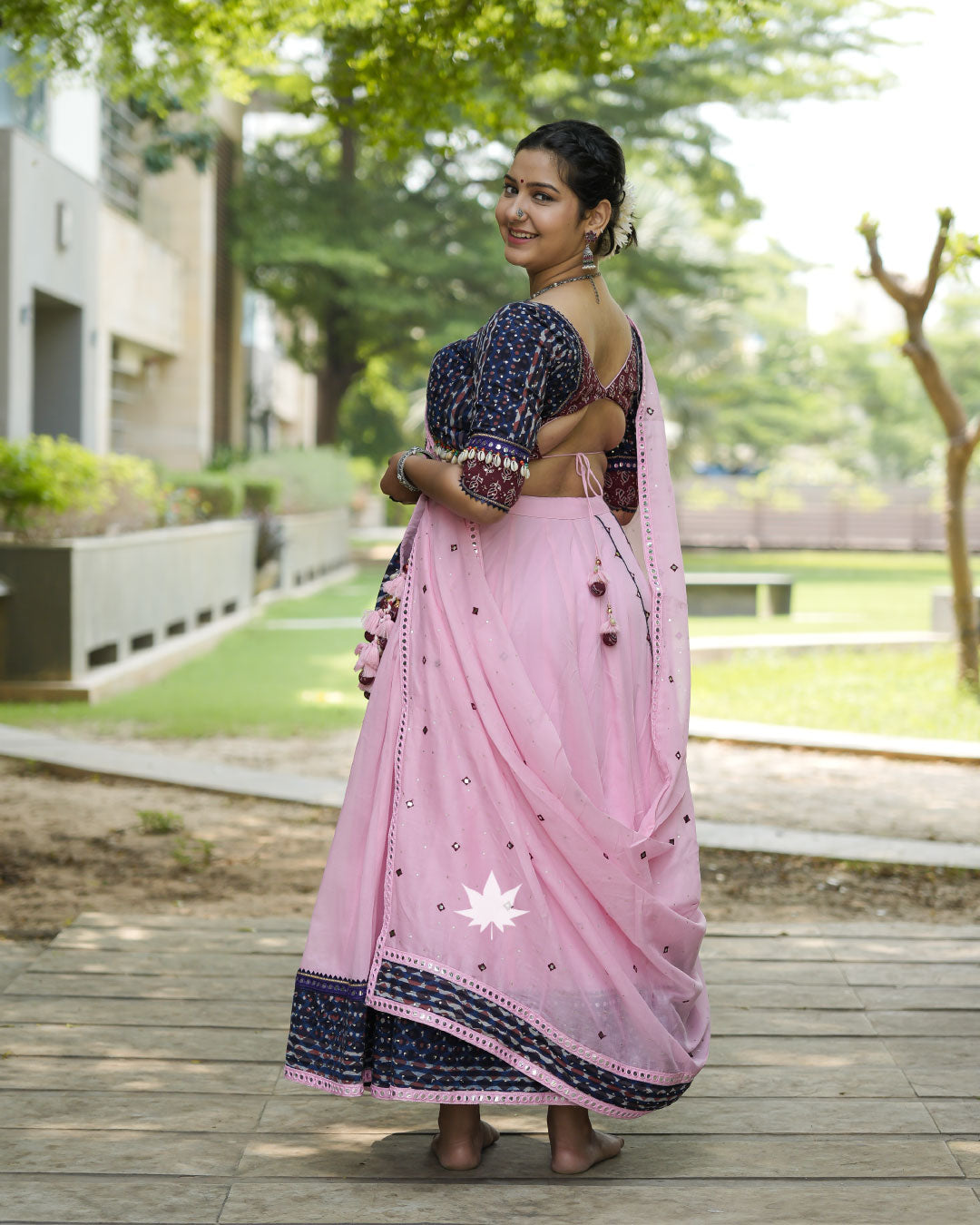 Blue And Pink Assymetrical Chaniya Choli Set