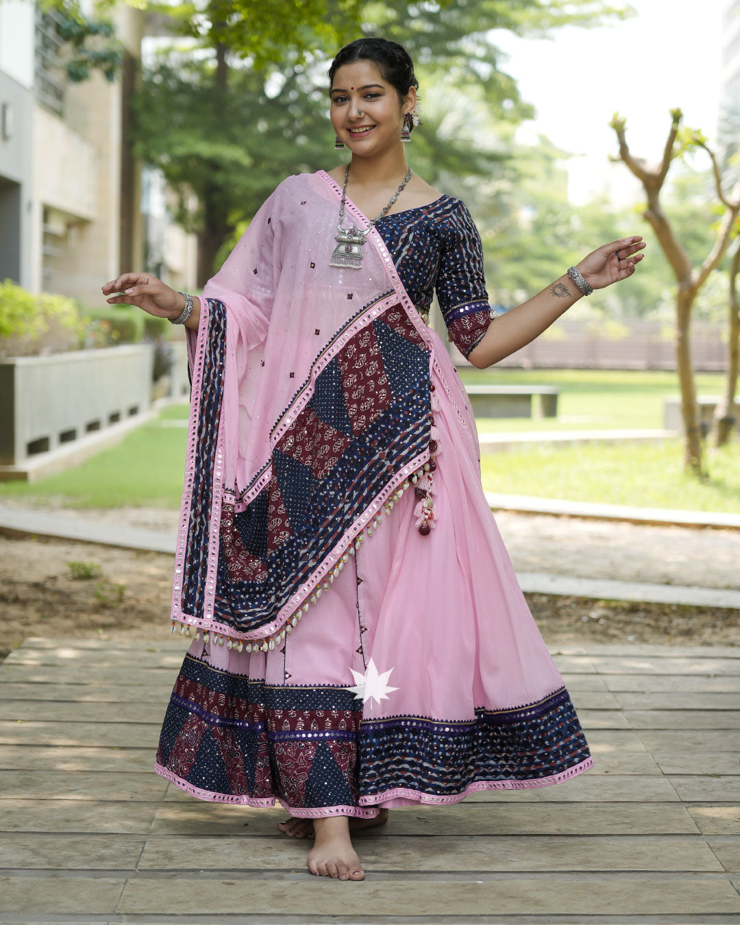 Blue And Pink Assymetrical Chaniya Choli Set