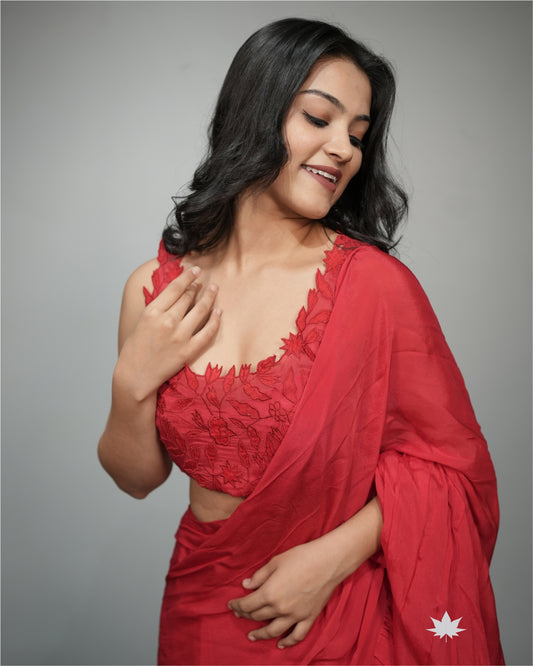 Red Pre Draped Ruffle Saree