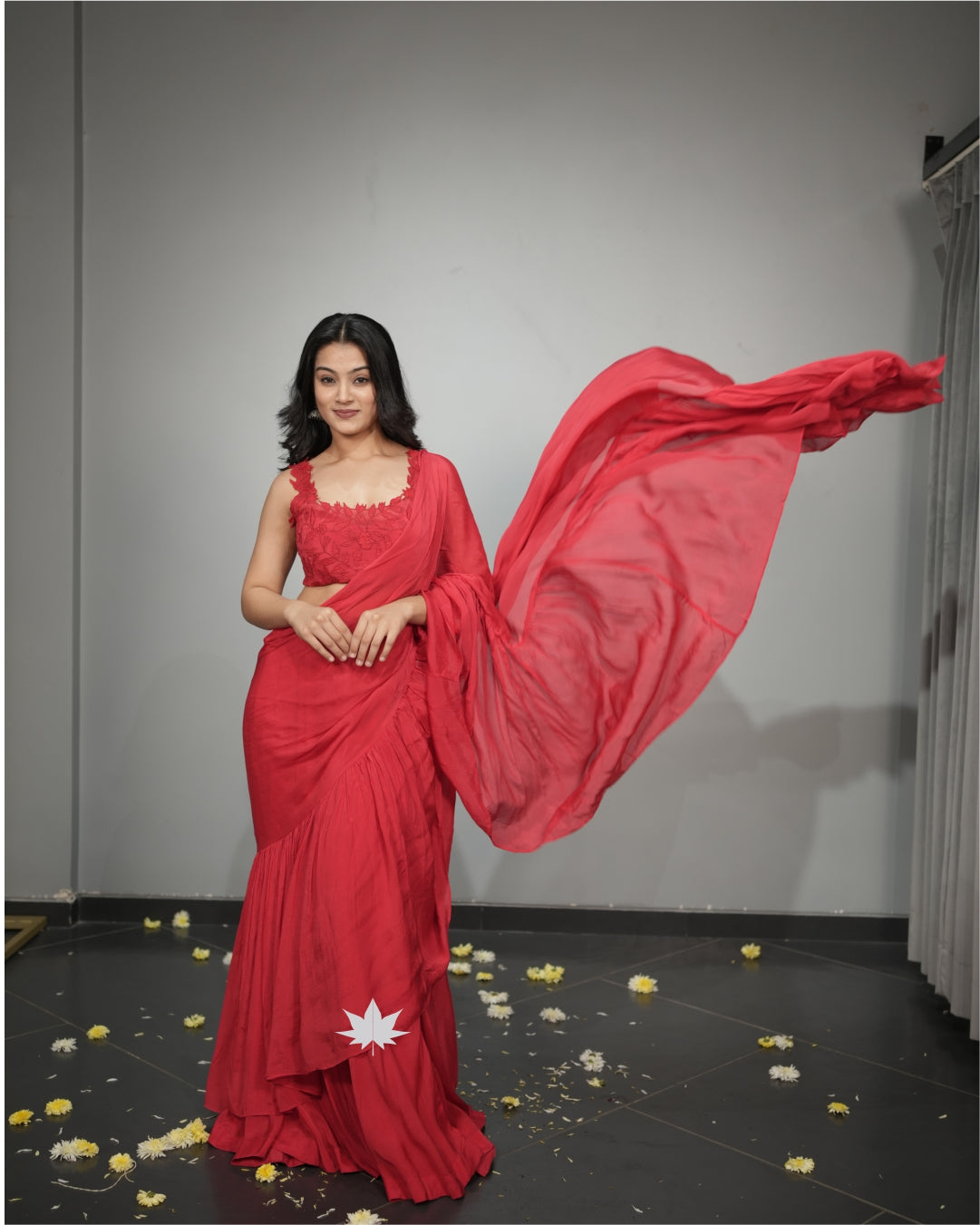 Red Pre Draped Ruffle Saree