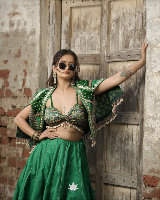 Green Raw Silk Chaniya Choli With Embroidered Blouse And Bandhej Cape Jacket