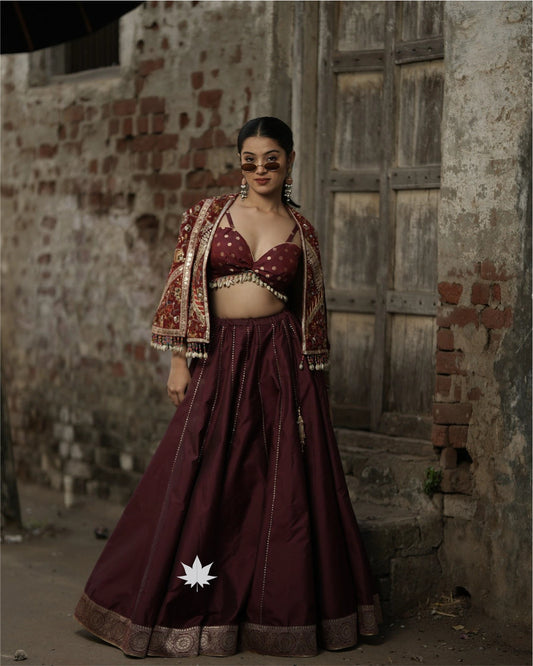 Maroon Raw Silk Chaniya Choli Set With Embroidered Jacket
