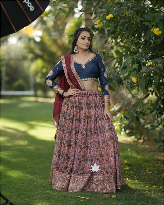 Floral Print Kalamkari Chaniya Choli With Navy Silk Embroidered Blouse