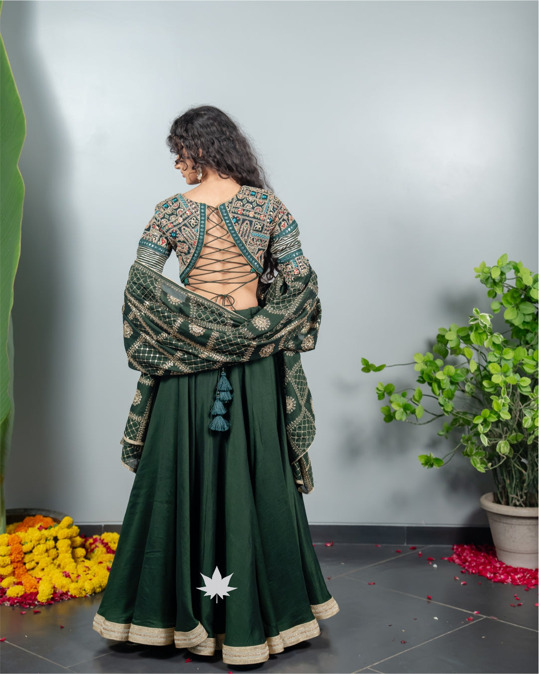 Green Chaniya Choli with Embroidered Blouse & Banarasi Dupatta