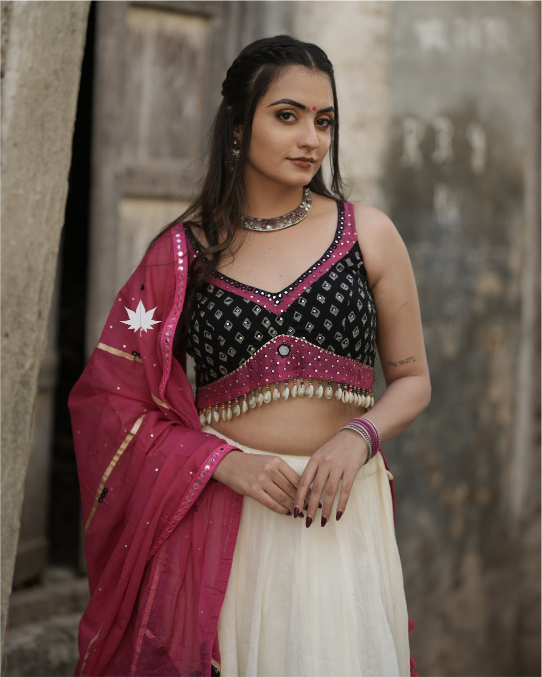 Black And White Chaniya Choli Set With Pink Mirrorwork Dupatta