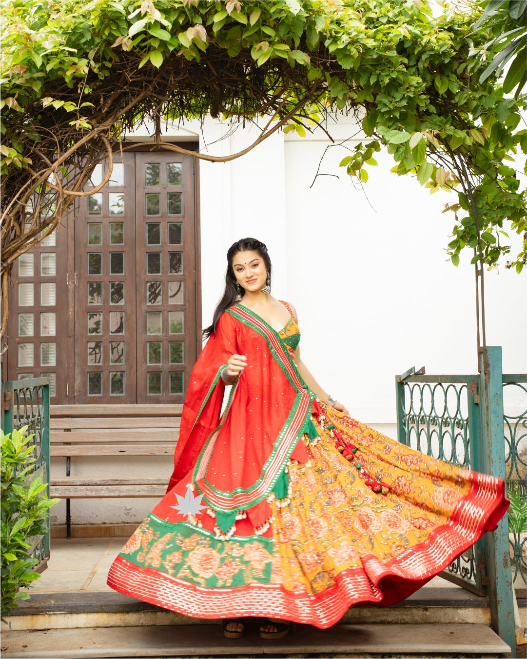 Fiery Yellow Floral Chaniya Choli Set with Bottle Green blouse