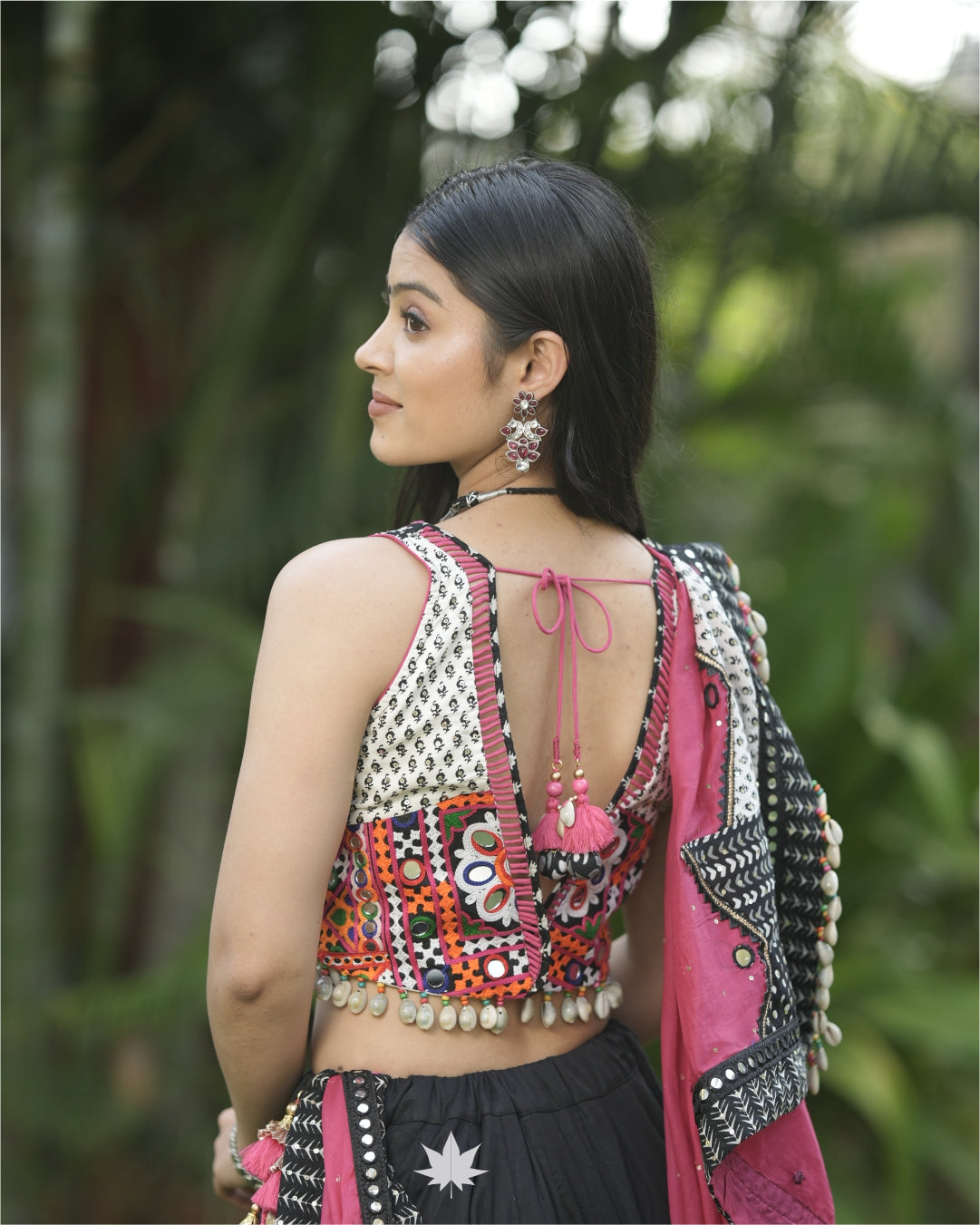 Black & White Chaniya Choli Set With Pink Dupatta