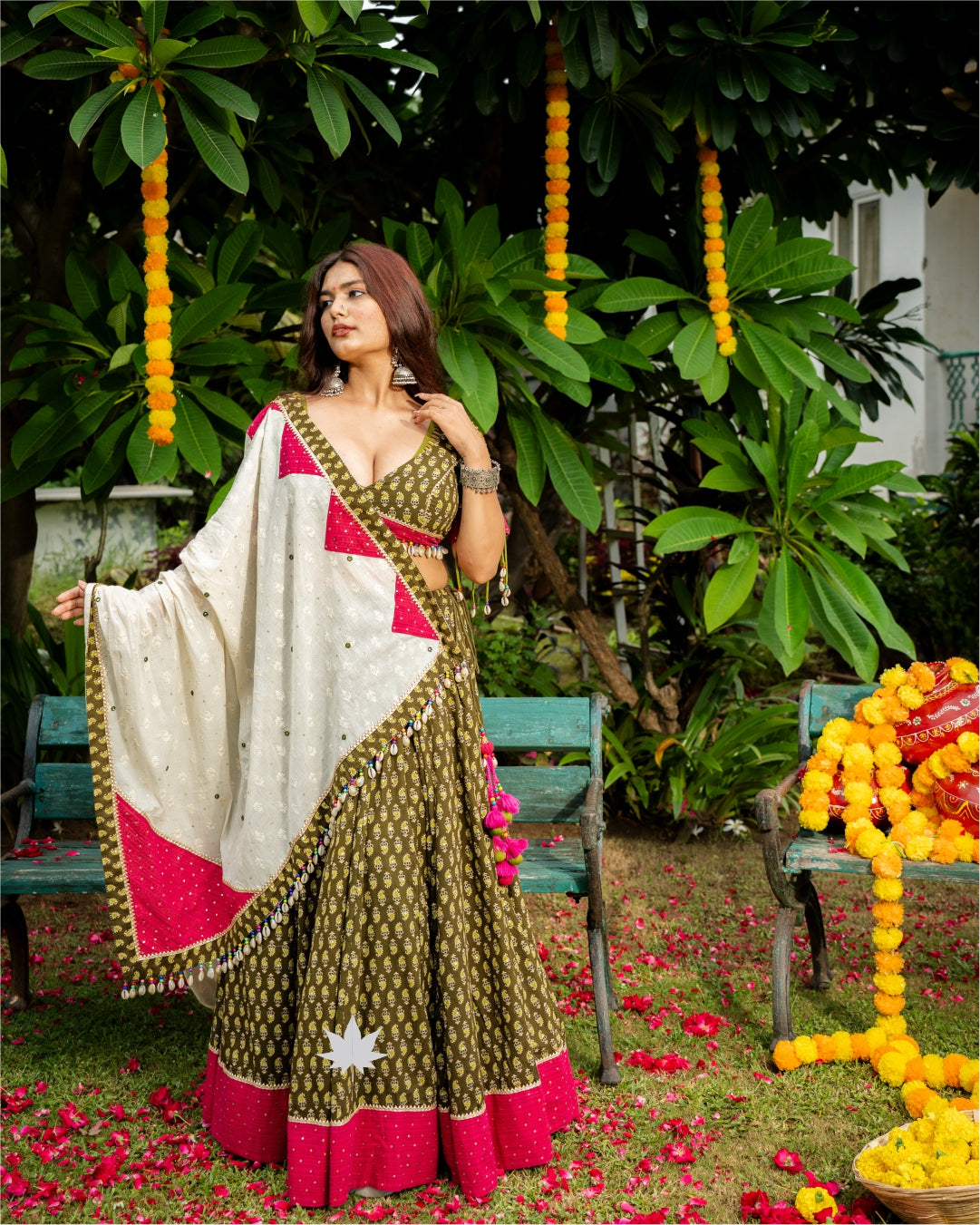 Olive Green Handcrafted Chaniya Choli Set with Multi-colored Dupatta