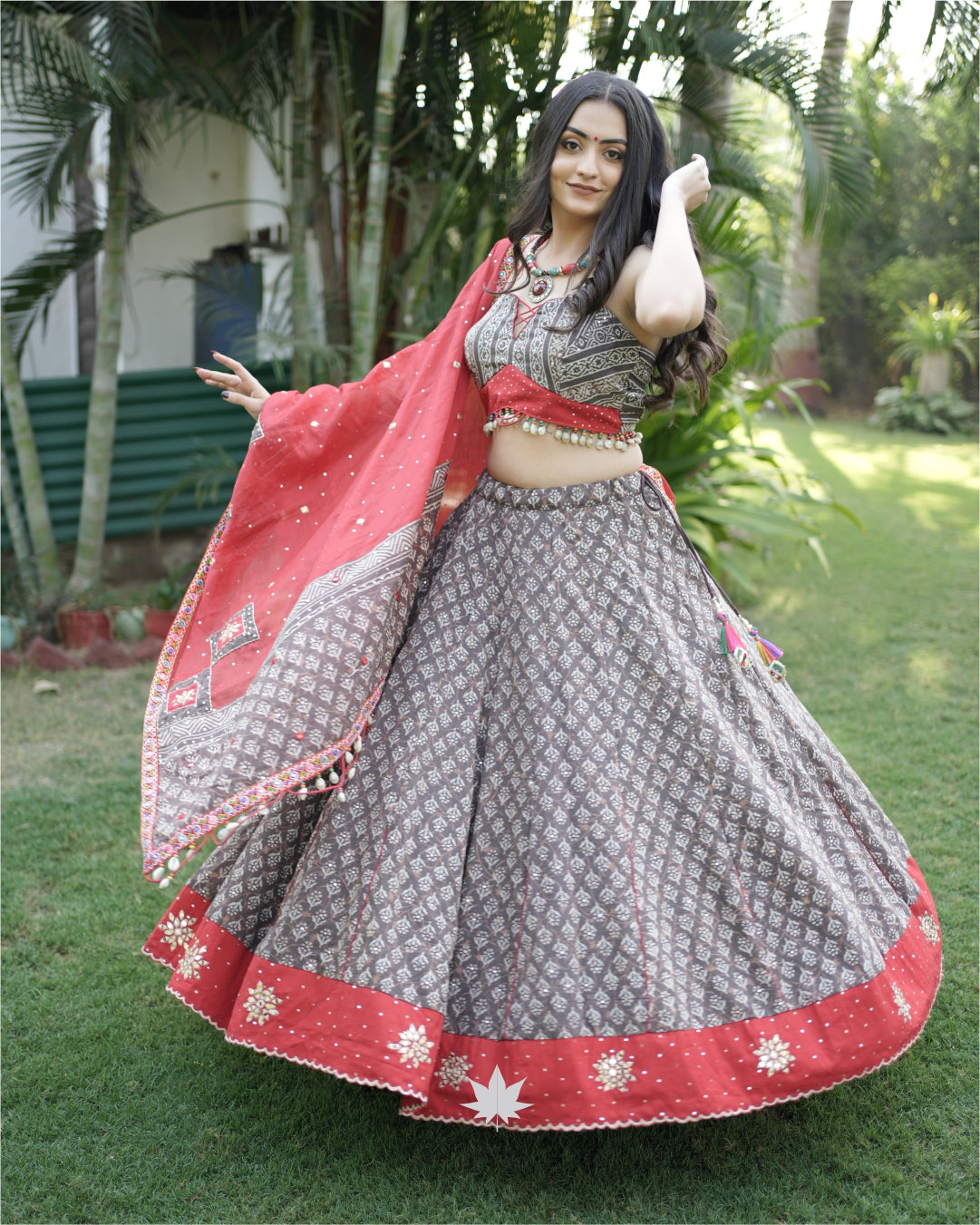 Grey Printed Chaniya Choli Set With Red Dupatta