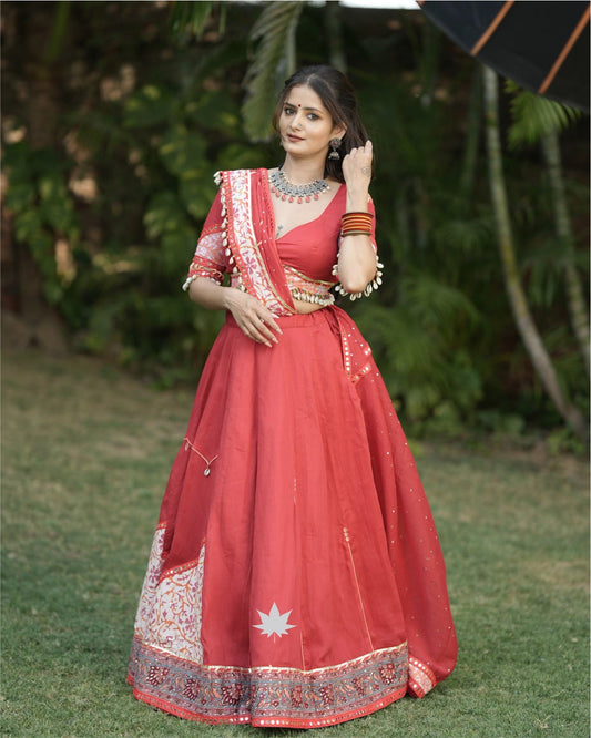 Rust Red Chaniya Choli With Mirror Work And Printed Dupatta