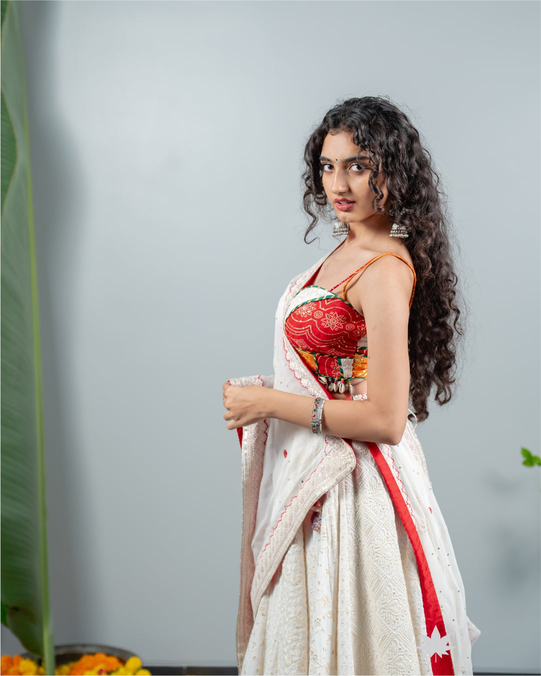 White Chaniya Choli with Patchwork Border & Mirror Work Dupatta