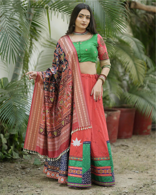 Vibrant Red Chaniya Choli With Green Blouse And Patola Dupatta