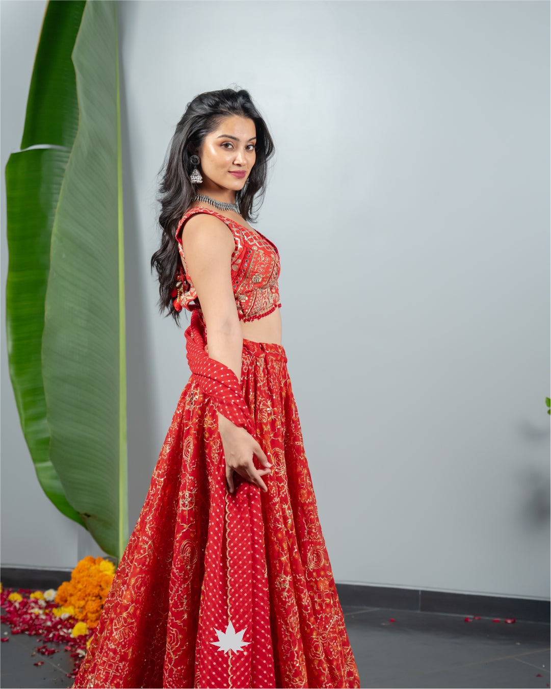 Red Bandhej Chaniya Choli with Black Dupatta