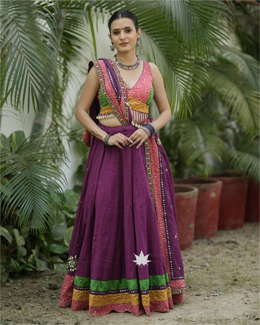 Purple Cotton Chaniya Choli Set With Multicolor Blouse
