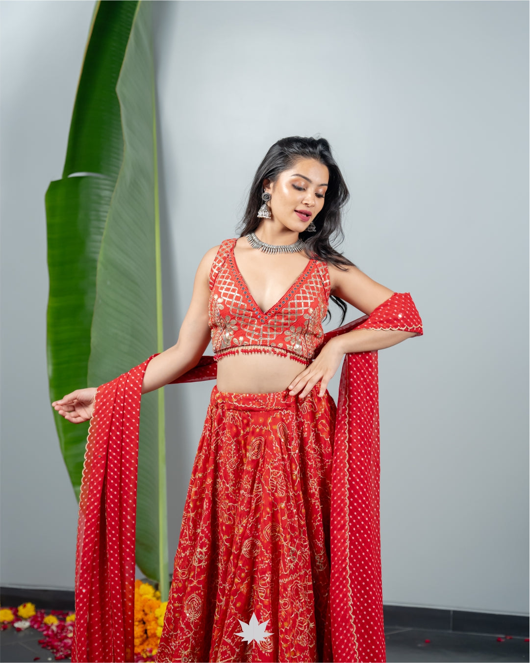 Red Bandhej Chaniya Choli with Black Dupatta