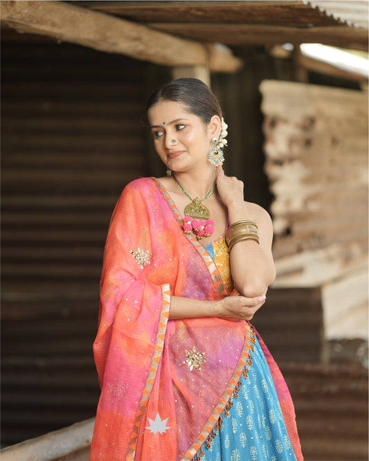 Blue And Orange Cotton Chaniya Choli Set