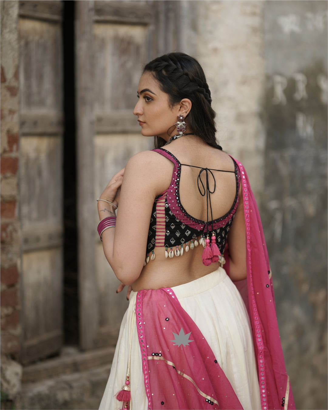 Black And White Chaniya Choli Set With Pink Mirrorwork Dupatta