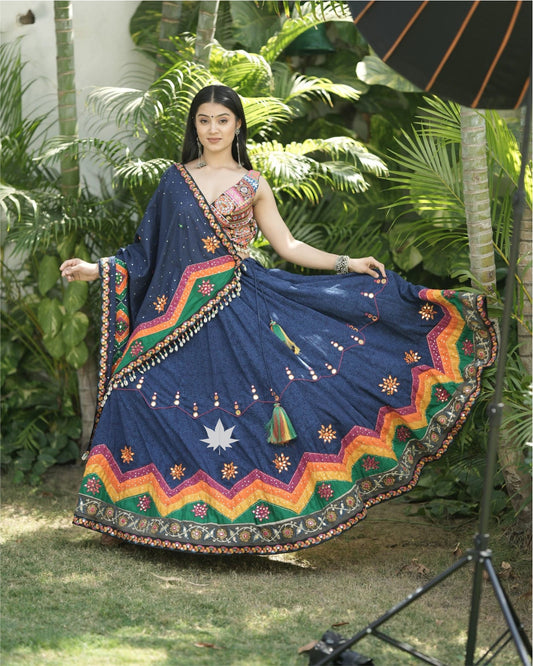 Blue Cotton Chaniya Choli Set With Patchwork Blouse