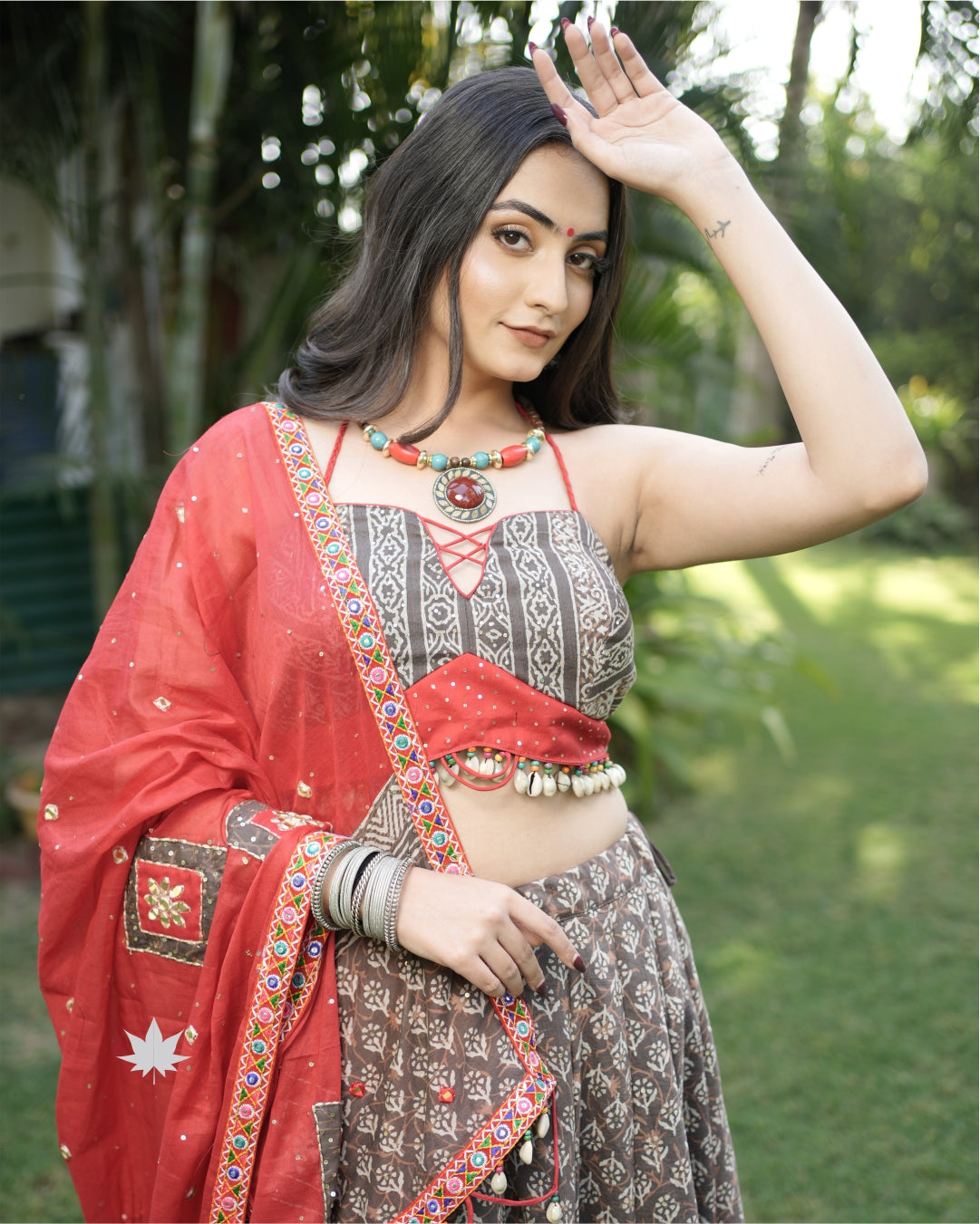 Grey Printed Chaniya Choli Set With Red Dupatta