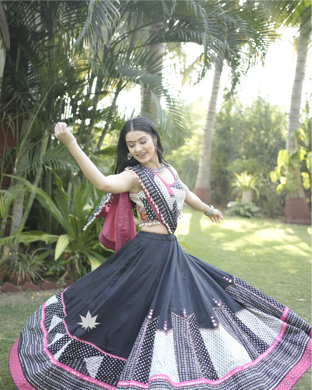 Black & White Chaniya Choli Set With Pink Dupatta