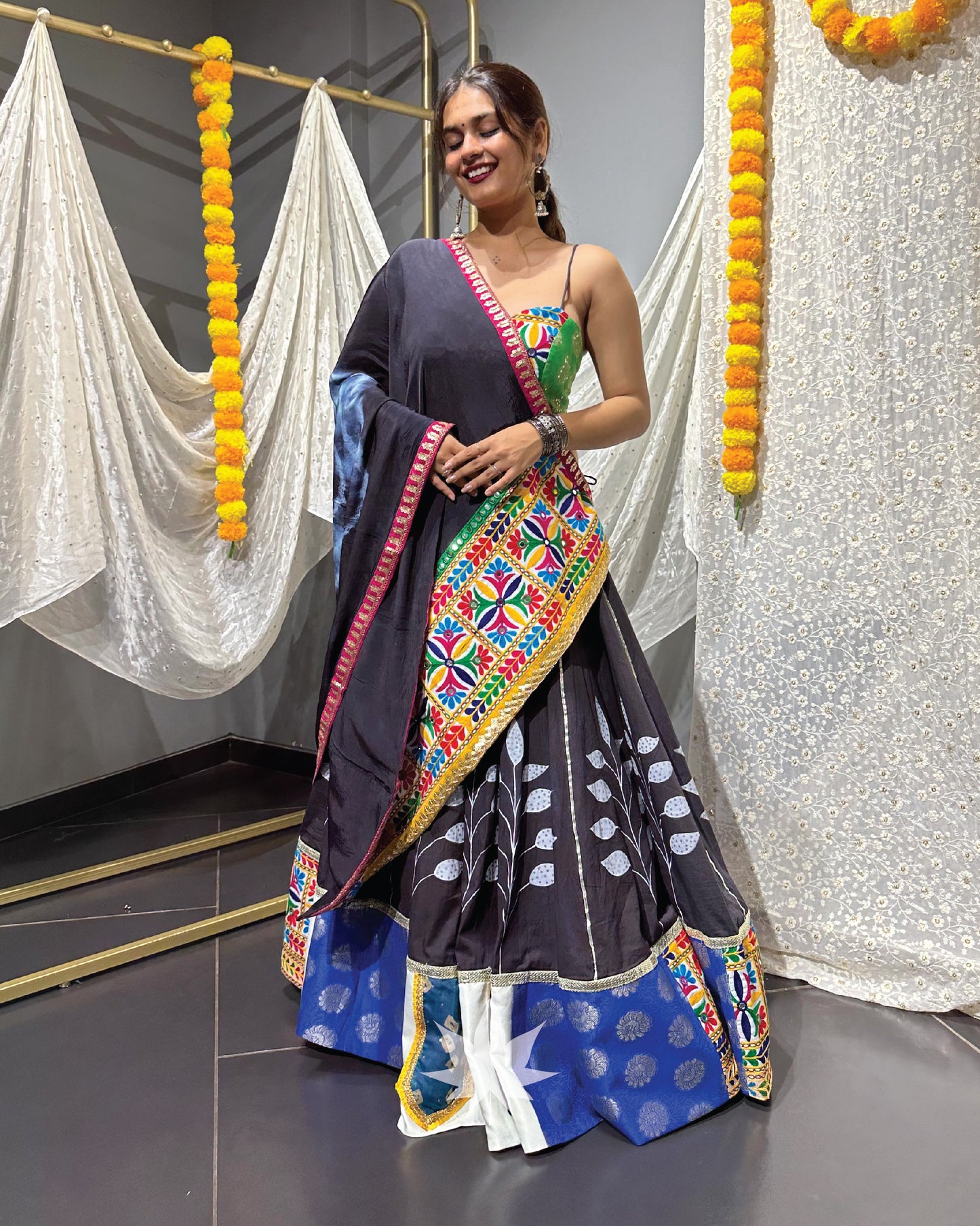 Black Chaniya With Multicolor Blouse And Tie Dye Dupatta Set