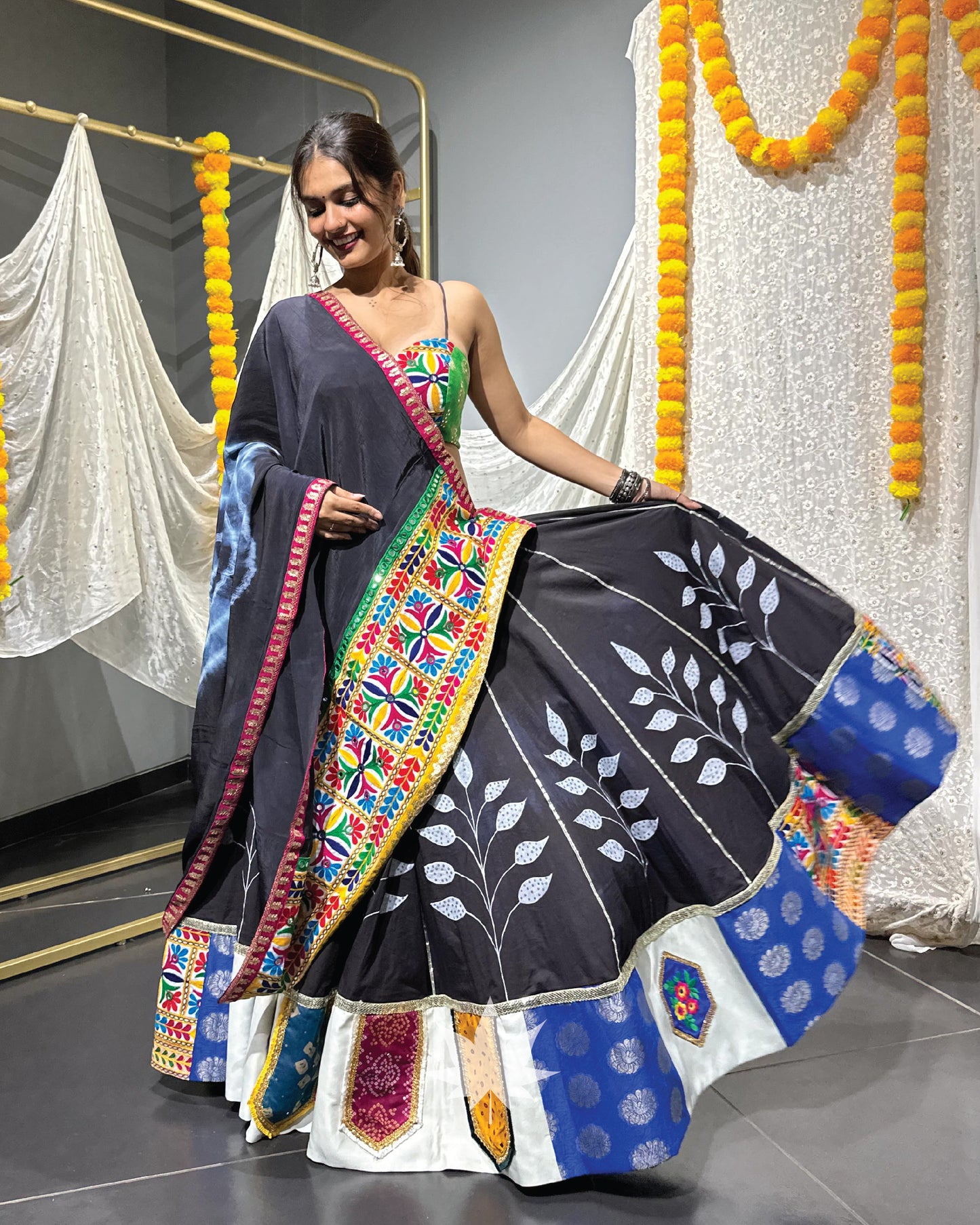 Black Chaniya With Multicolor Blouse And Tie Dye Dupatta Set