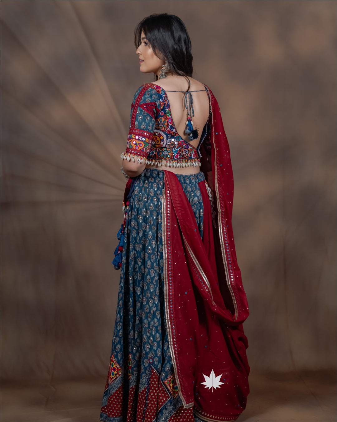 Blue and Red Chaniya Choli with Printed Patchwork