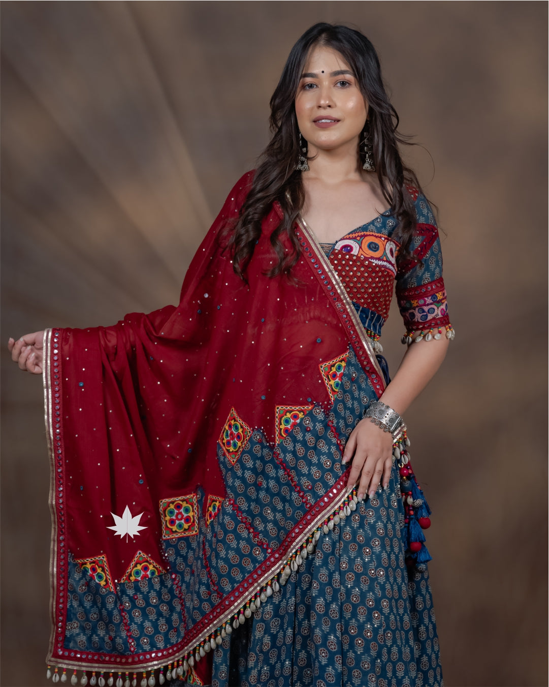 Blue and Red Chaniya Choli with Printed Patchwork