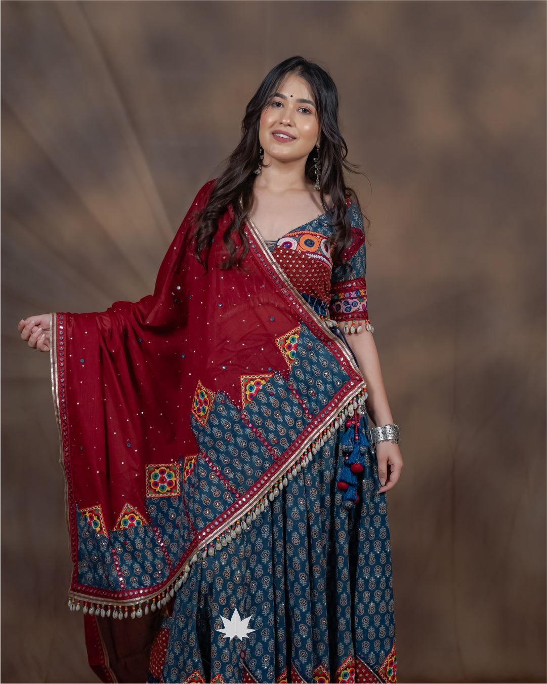 Blue and Red Chaniya Choli with Printed Patchwork