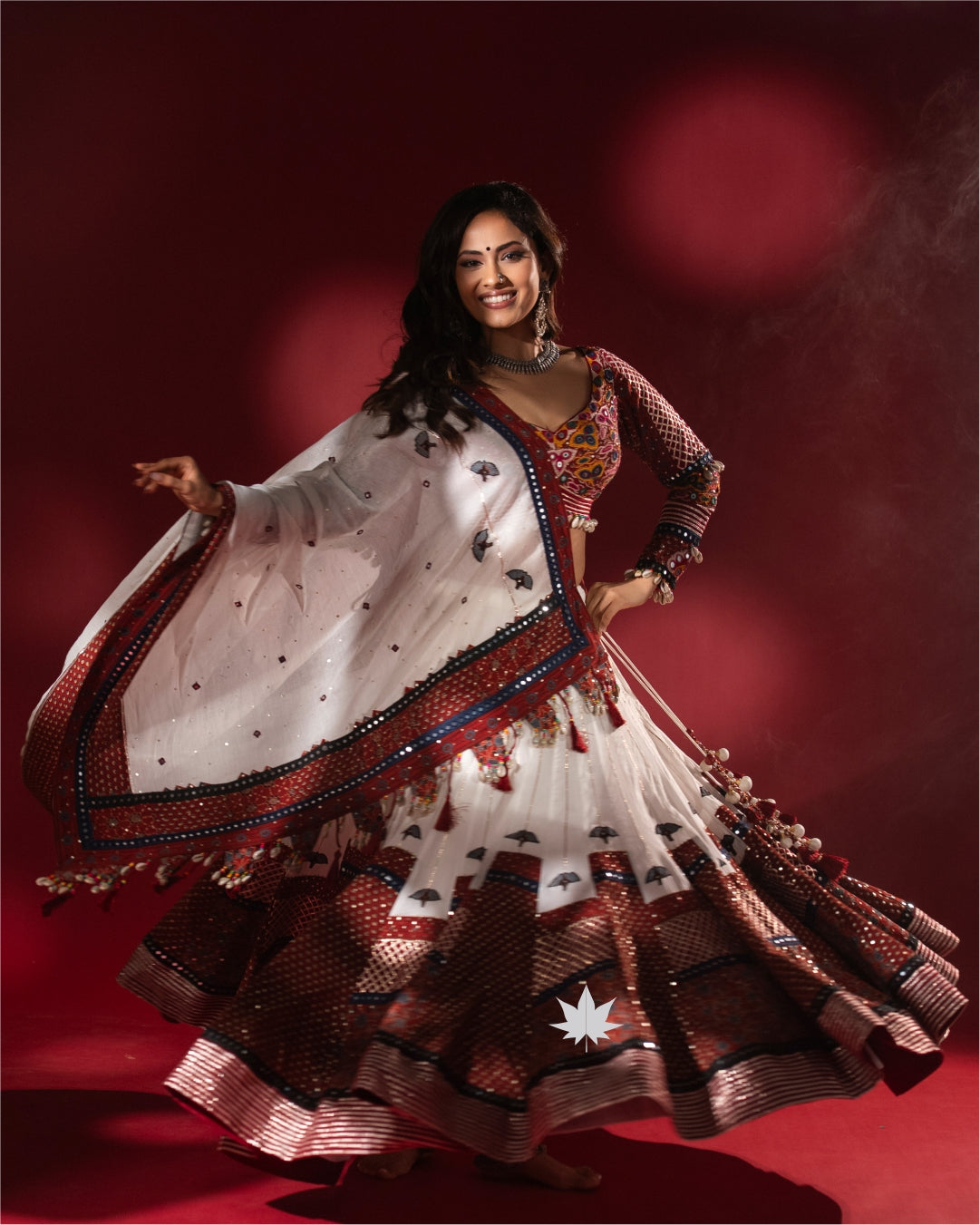 Maroon & White Gamthi Work Cotton Chaniya Choli”