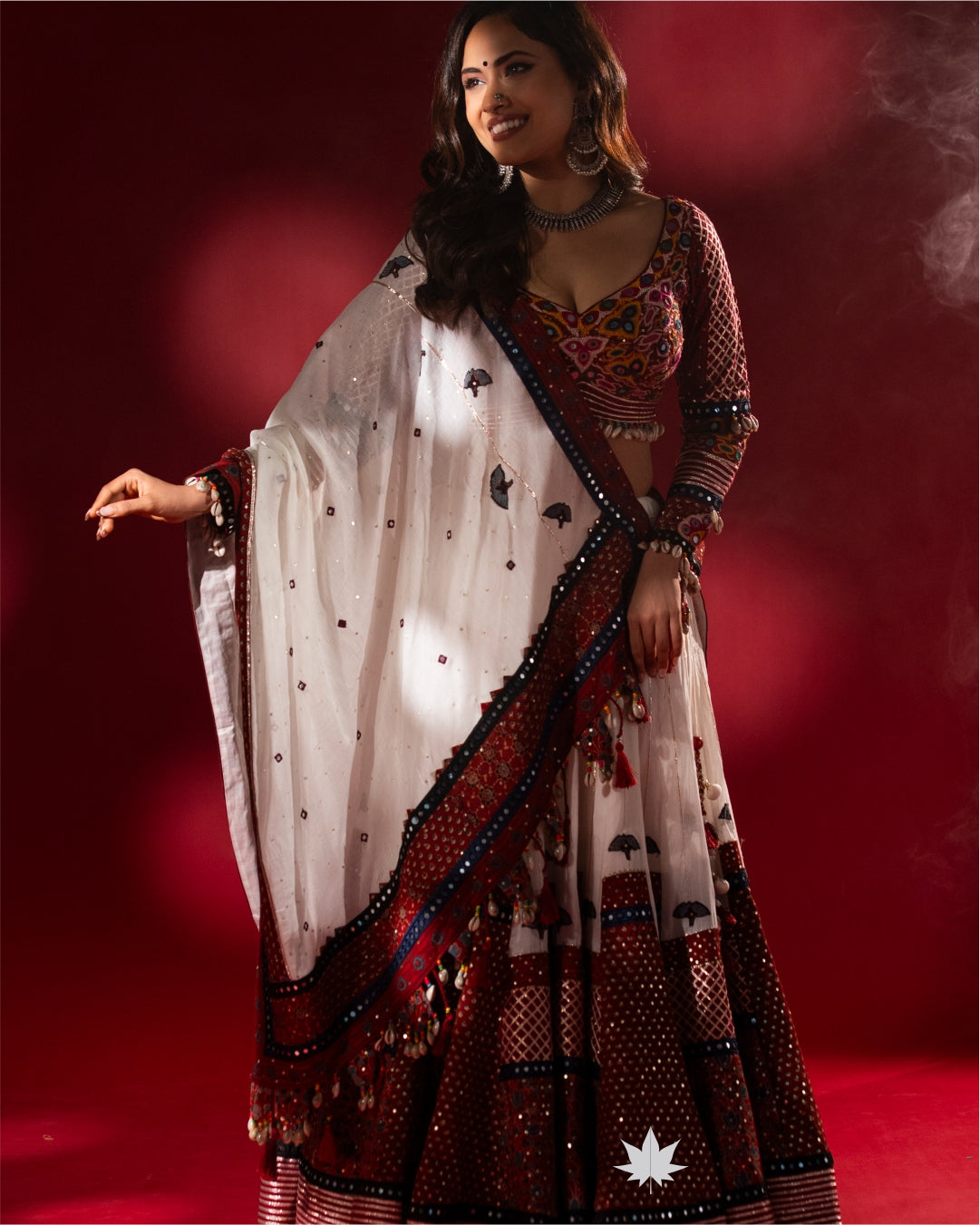 Maroon & White Gamthi Work Cotton Chaniya Choli”