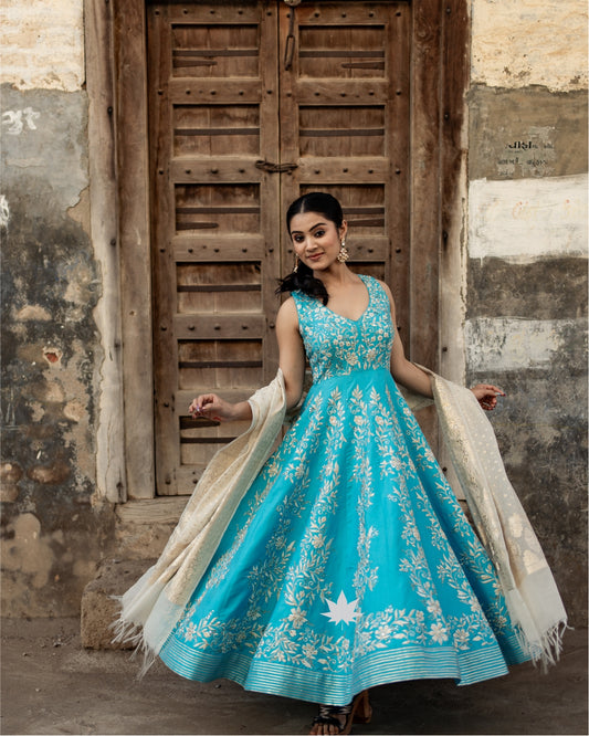 Moonlit Mirage – Aqua Blue Anarkali with Ivory Dupatta