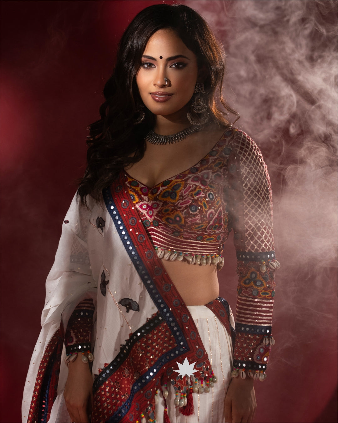 Maroon & White Gamthi Work Cotton Chaniya Choli”