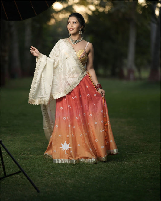 Orange Ombre Silk Chaniya With Patch Work Blouse And Off White Silk Dupatta Set