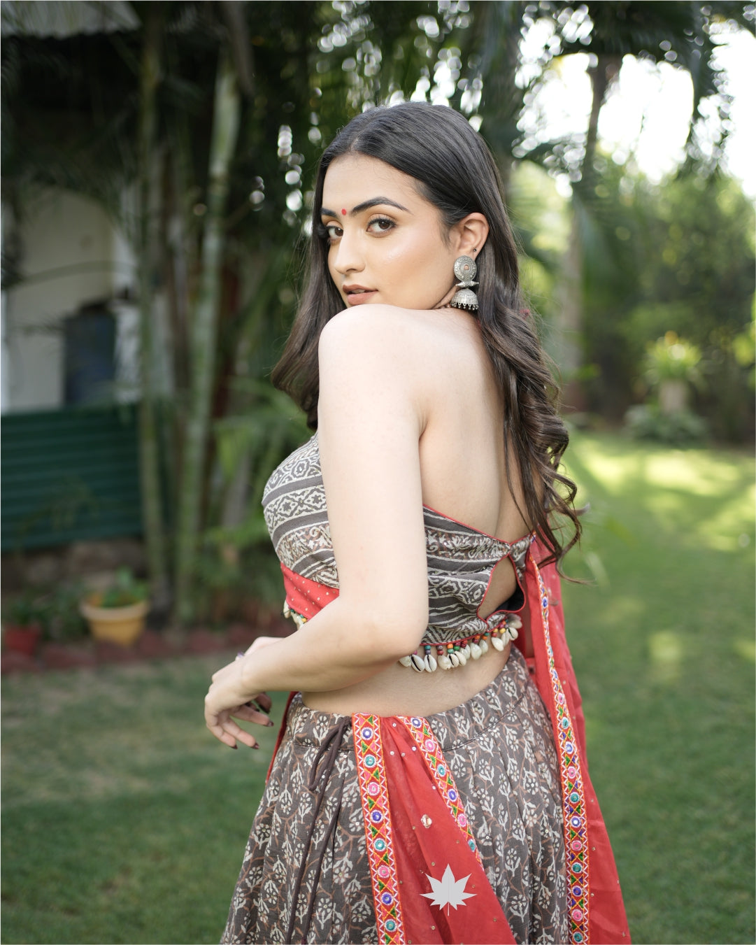 Grey Printed Chaniya Choli Set With Red Dupatta