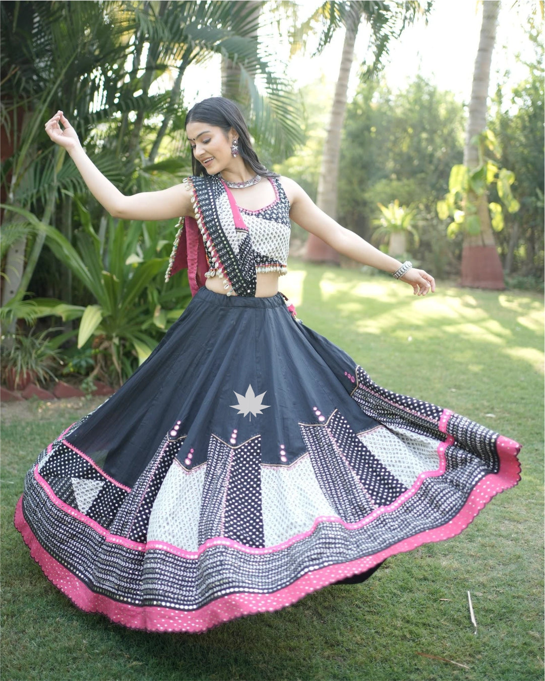 Black & White Chaniya Choli Set With Pink Dupatta