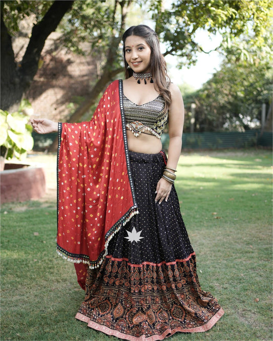 Black Chaniya Choli Set With Red Bandhani Dupatta