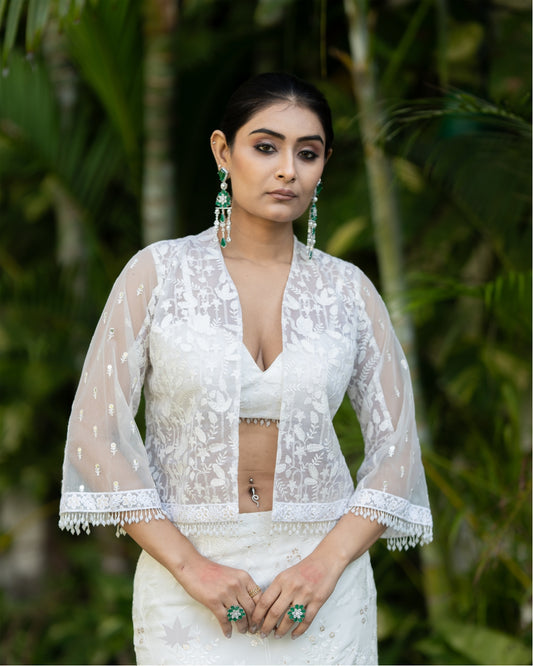Milky Mirage – Fish Cut Skirt with Net Jacket & Blouse