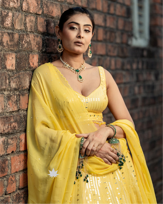 Marigold Mirage Lehenga – A Blooming Elegance in Yellow