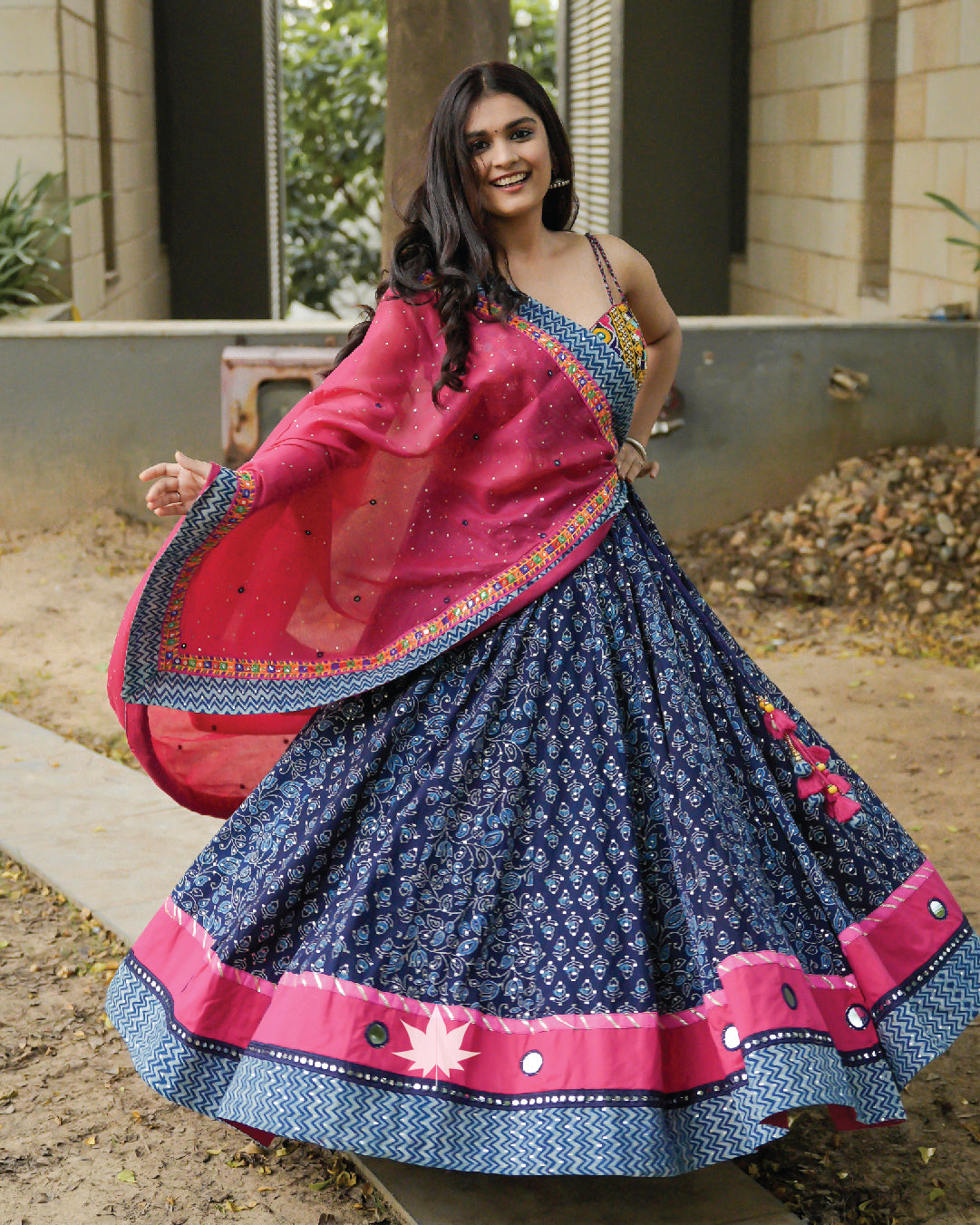 Blue and pink chaniya with Gamthi blouse and dupatta set Vulcal Store