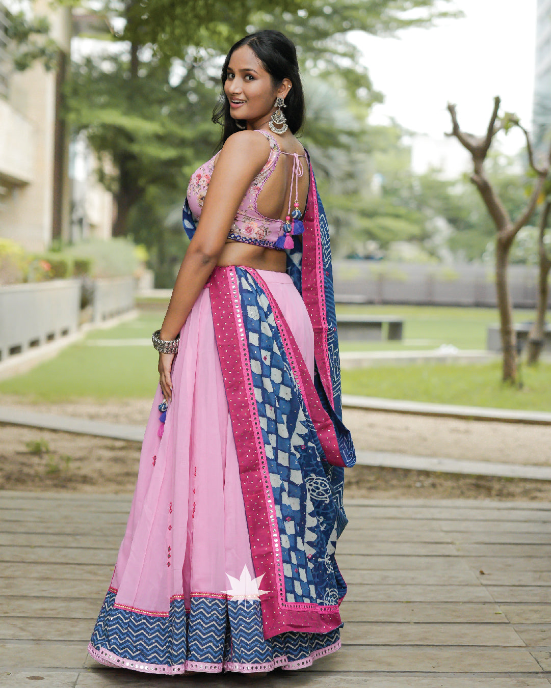 Baby pink and indigo blue chaniya choli set