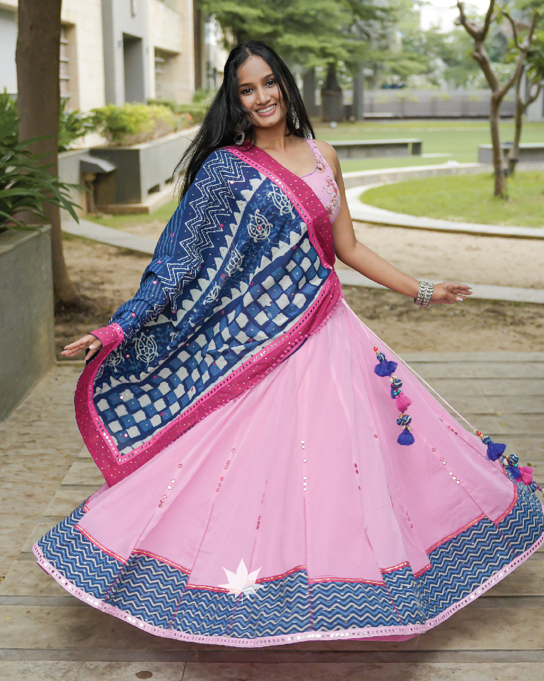 Baby pink and indigo blue chaniya choli set