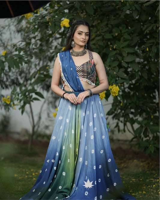 Green And Blue Chaniya Choli Set With  Patch Work Blouse