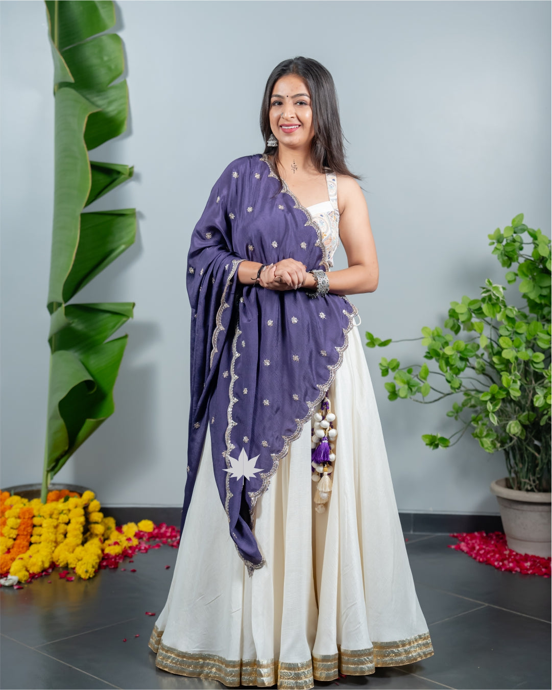 White Chaniya Choli with Blue Dupatta