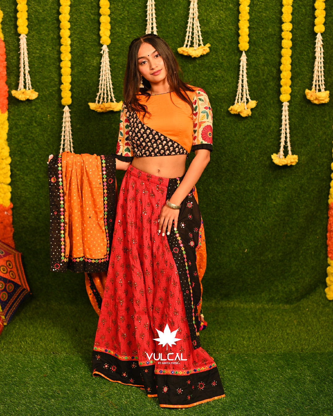 Yellow Red Navratri Chaniya choli