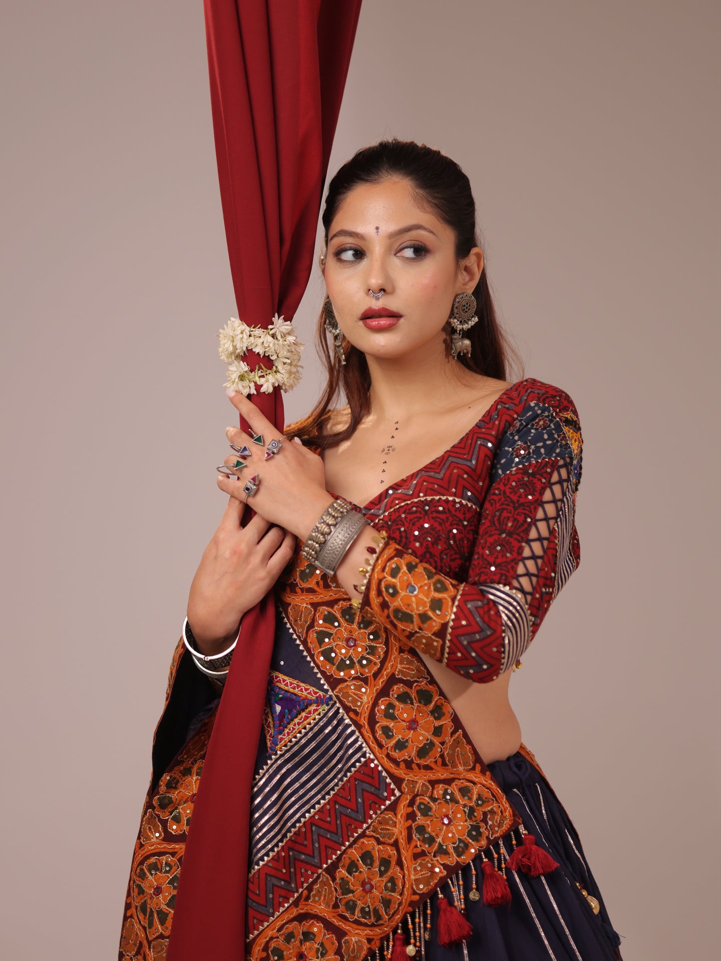 Navy Blue Cotton Chaniya Choli with Mustard Patchwork Border
