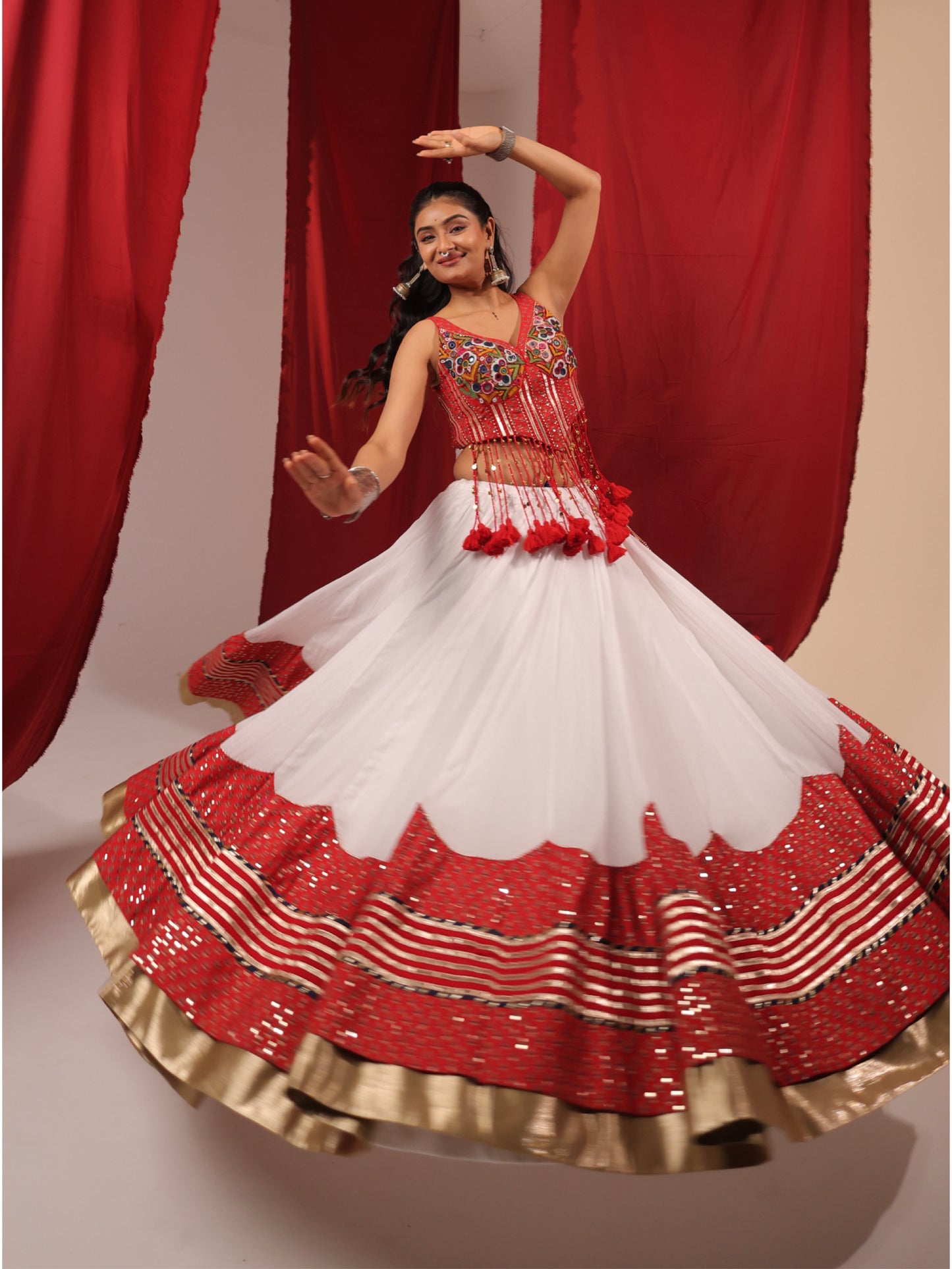 Akash Shweta | Premium White & Red Tassel Chaniya Choli