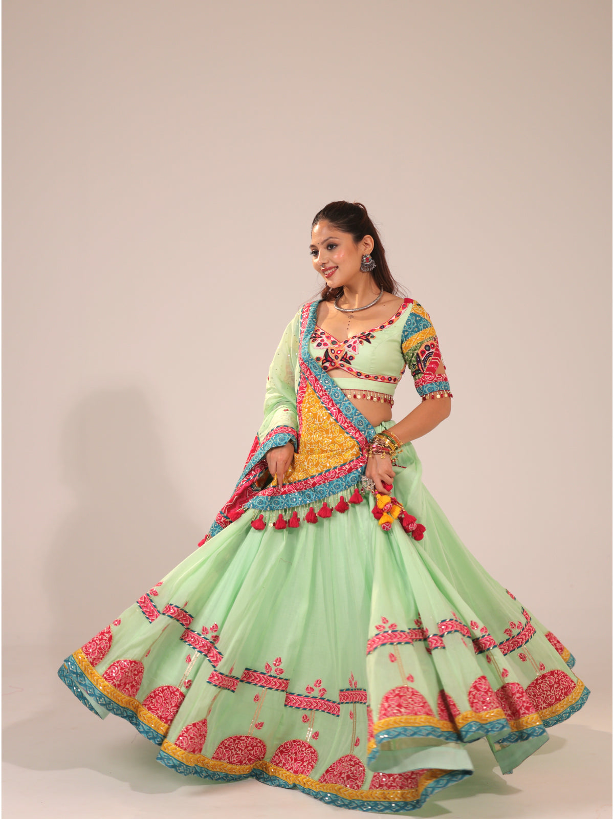 Mint Green Cotton Chaniya Choli with Multi-Color Patch Border
